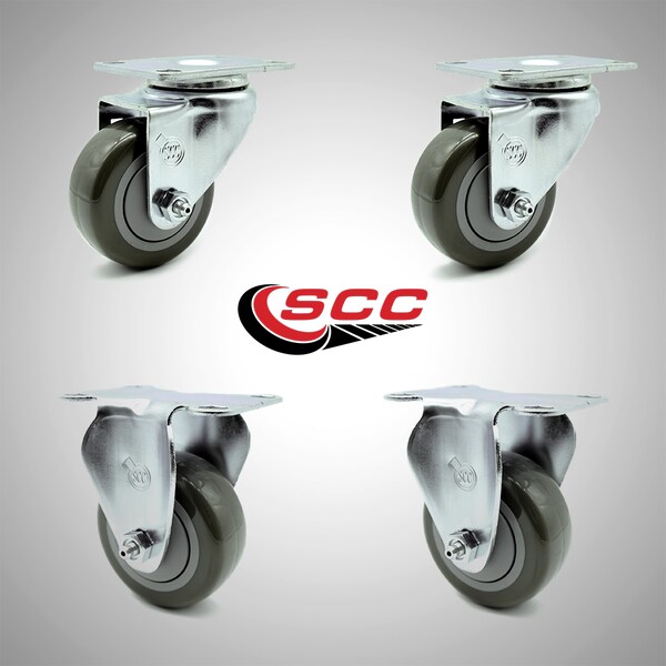 3 Inch SS Gray Polyurethane Swivel Top Plate Caster Set with 2 Rigid SCC